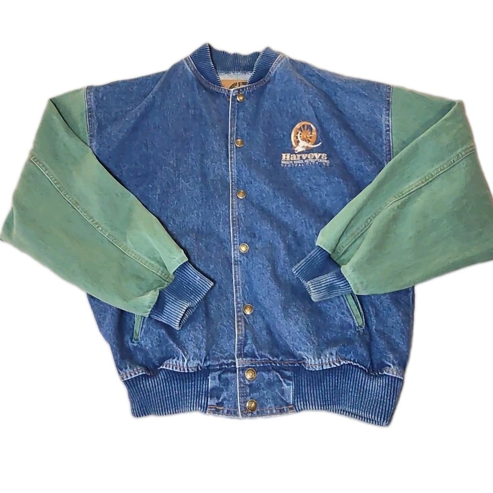 Vtg Harveys Wagon Wheel Casino Jacket Mens S Denim International Canada Varsity